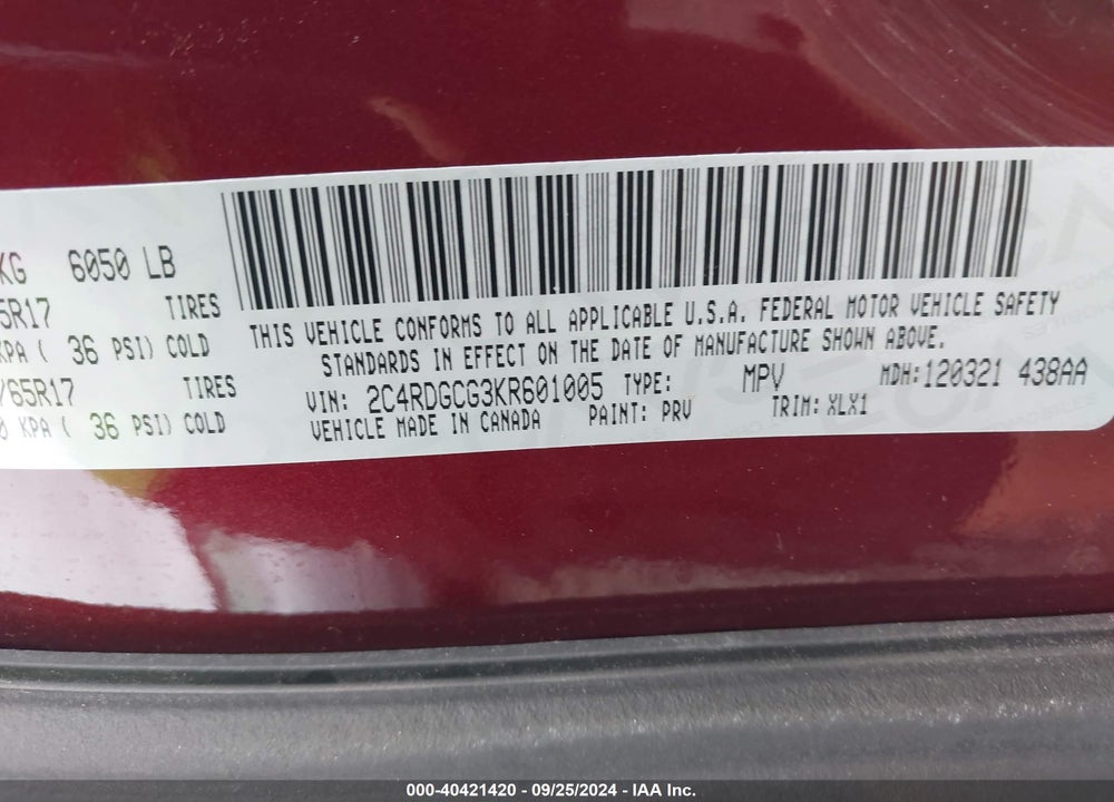 2019 DODGE GRAND CARAVAN SXT VIN: 2C4RDGCG3KR601005