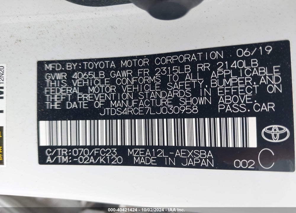 2020 TOYOTA COROLLA SE VIN: JTDS4RCE7LJ030958