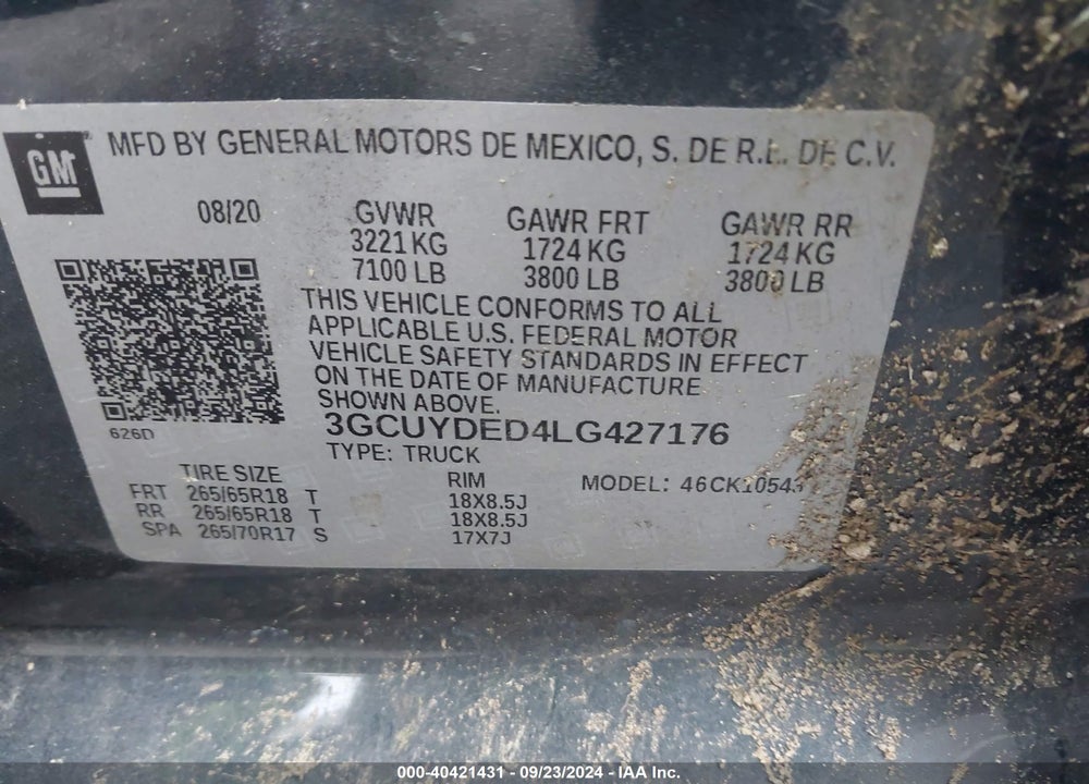 2020 CHEVROLET SILVERADO 1500 4WD SHORT BED LT VIN: 3GCUYDED4LG427176