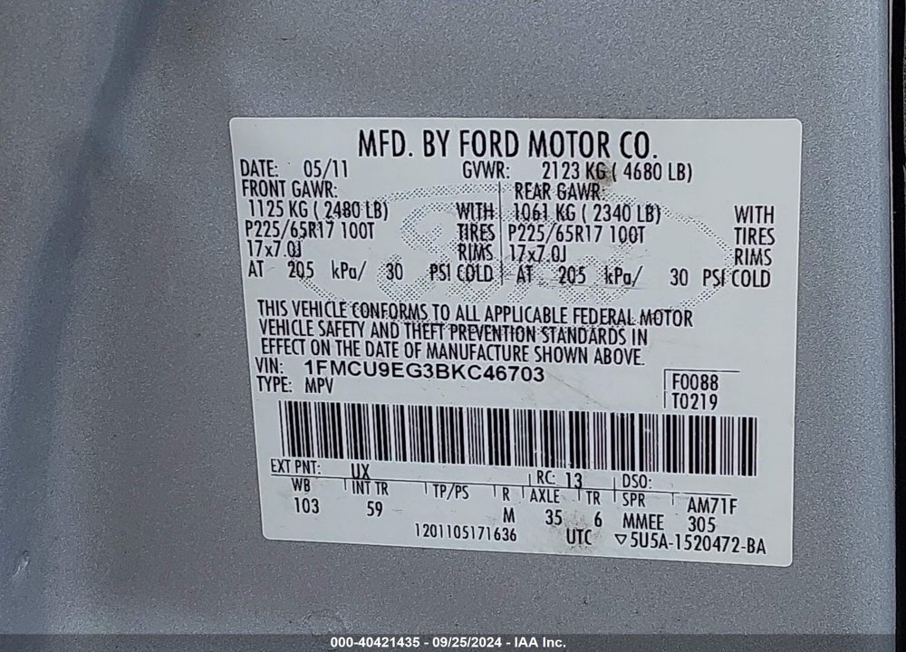 2011 FORD ESCAPE LIMITED VIN: 1FMCU9EG3BKC46703