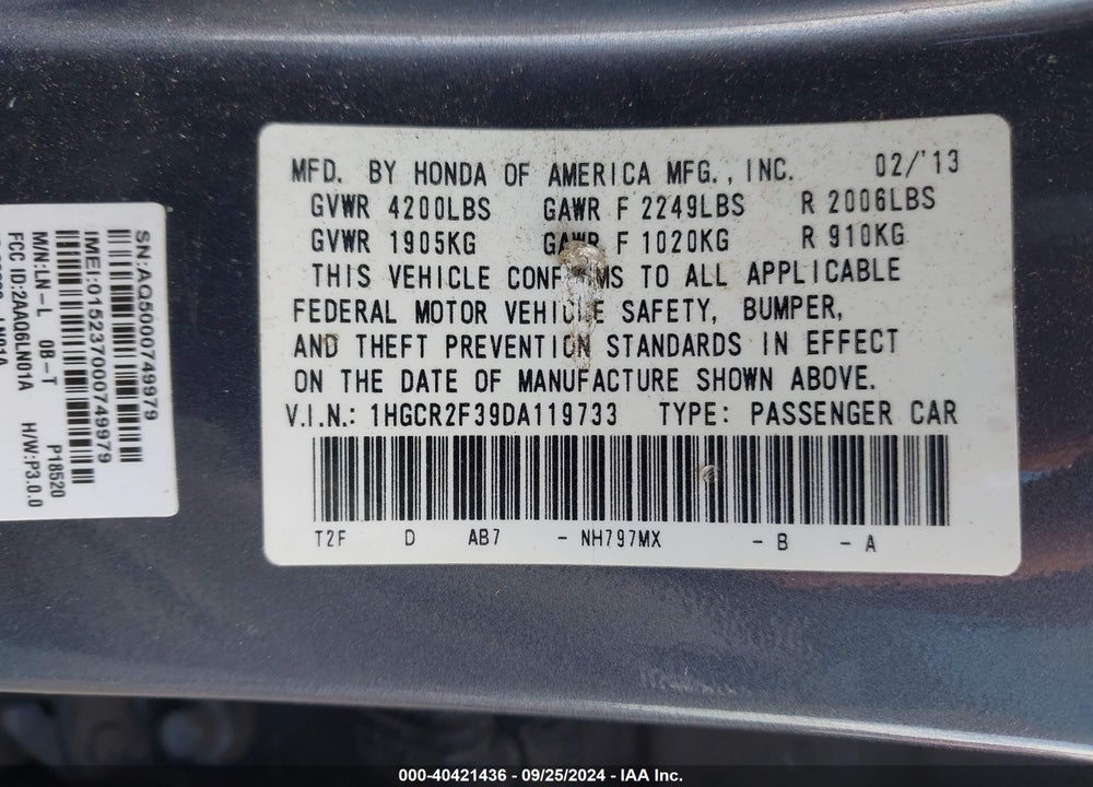 2013 HONDA ACCORD LX VIN: 1HGCR2F39DA119733