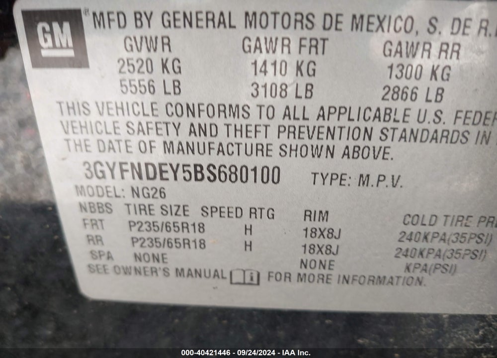 2011 CADILLAC SRX LUXURY COLLECTION VIN: 3GYFNDEY5BS680100