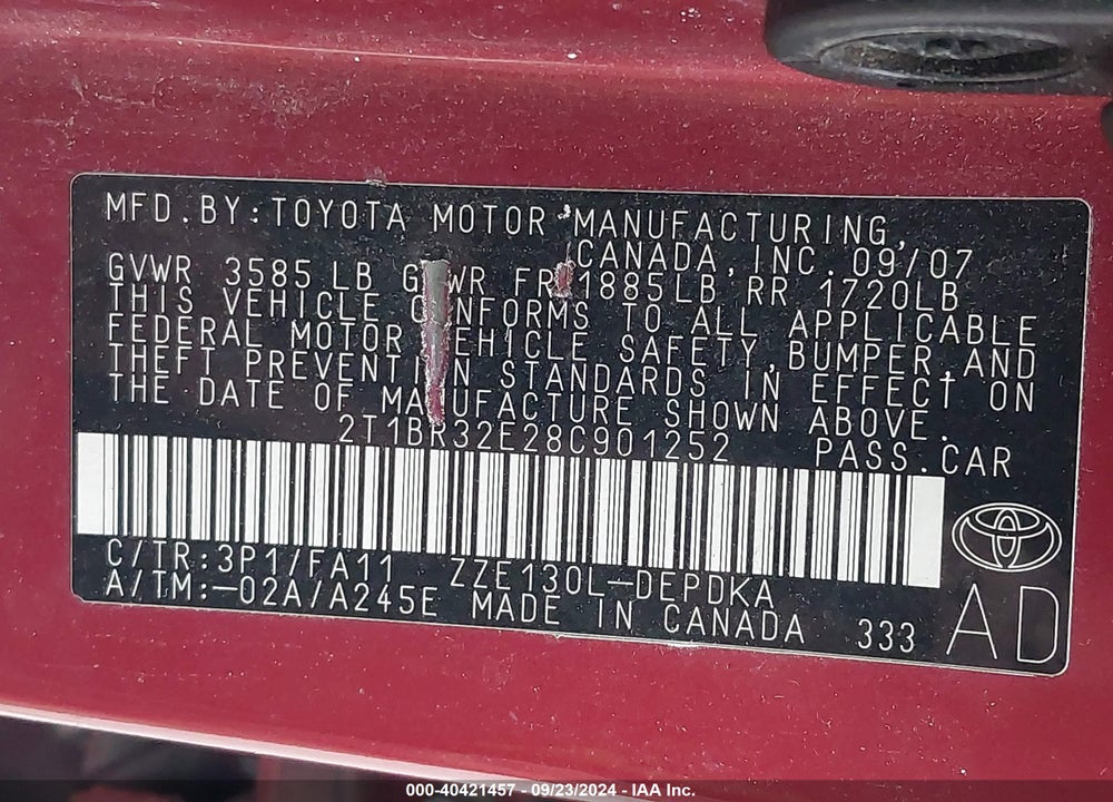 2008 TOYOTA COROLLA CE VIN: 2T1BR32E28C901252