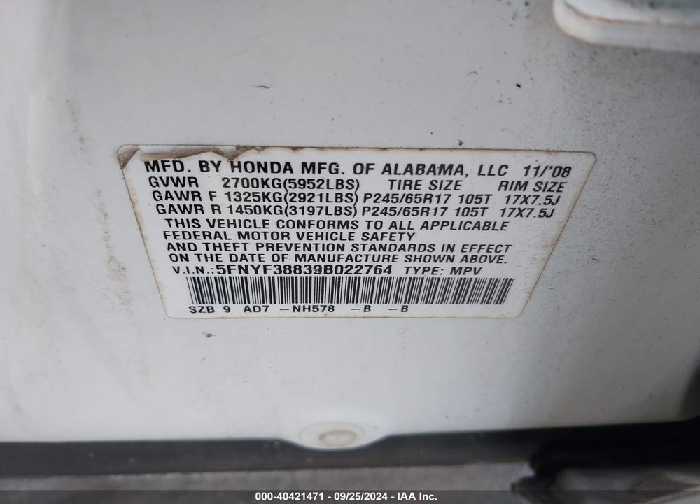 2009 HONDA PILOT TOURING VIN: 5FNYF38839B022764