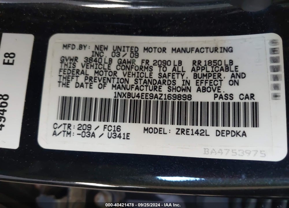 2010 TOYOTA COROLLA LE VIN: 1NXBU4EE9AZ169898
