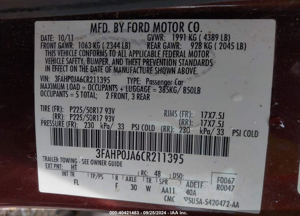 2012 FORD FUSION SEL VIN: 3FAHP0JA6CR211395