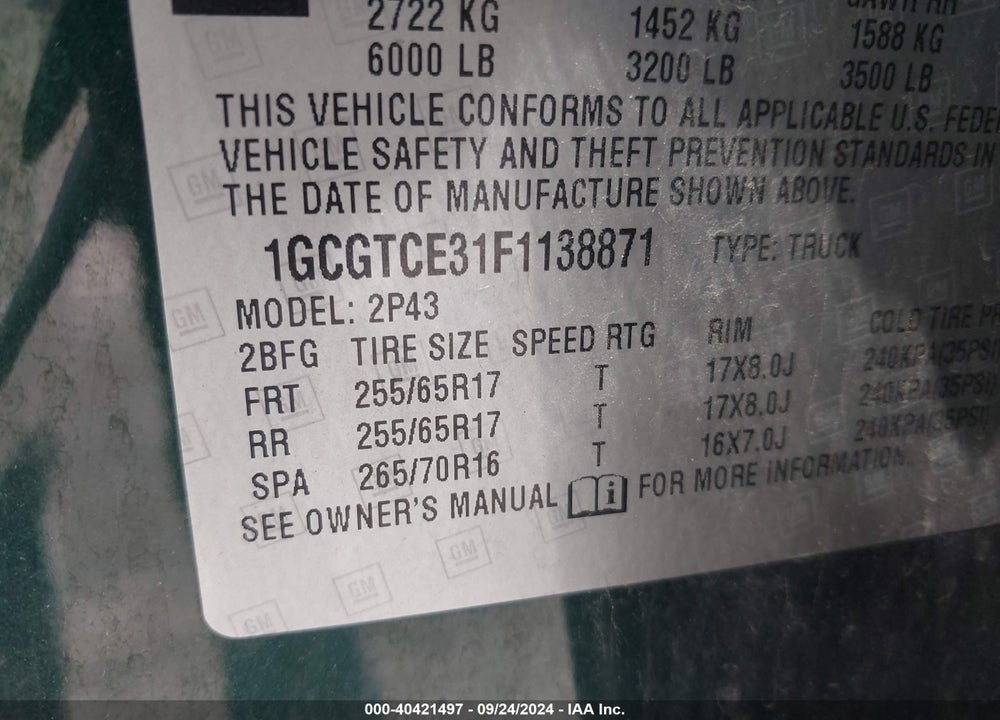 2015 CHEVROLET COLORADO Z71 VIN: 1GCGTCE31F1138871