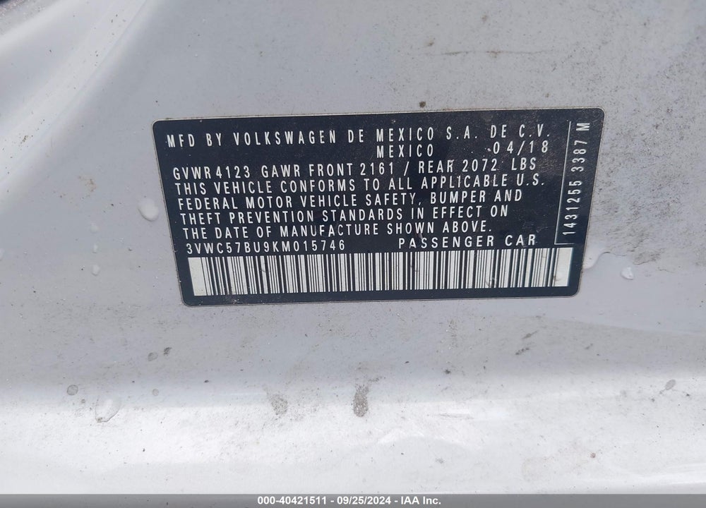 2019 VOLKSWAGEN JETTA 1.4T R-LINE/1.4T S/1.4T SE VIN: 3VWC57BU9KM015746