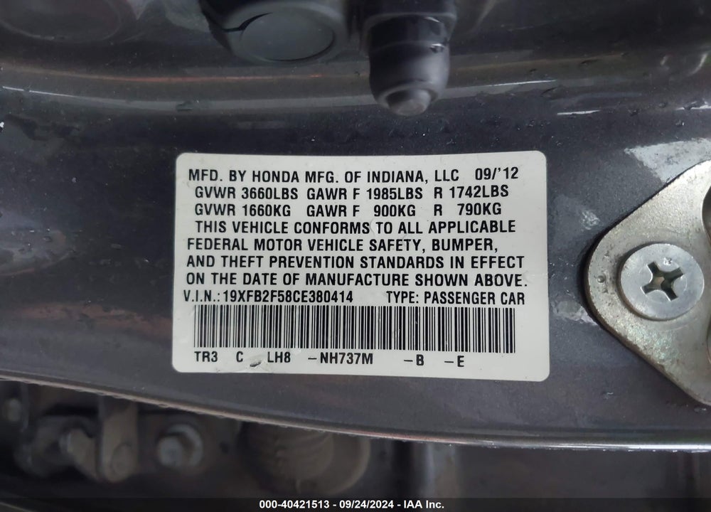 2012 HONDA CIVIC LX VIN: 19XFB2F58CE380414