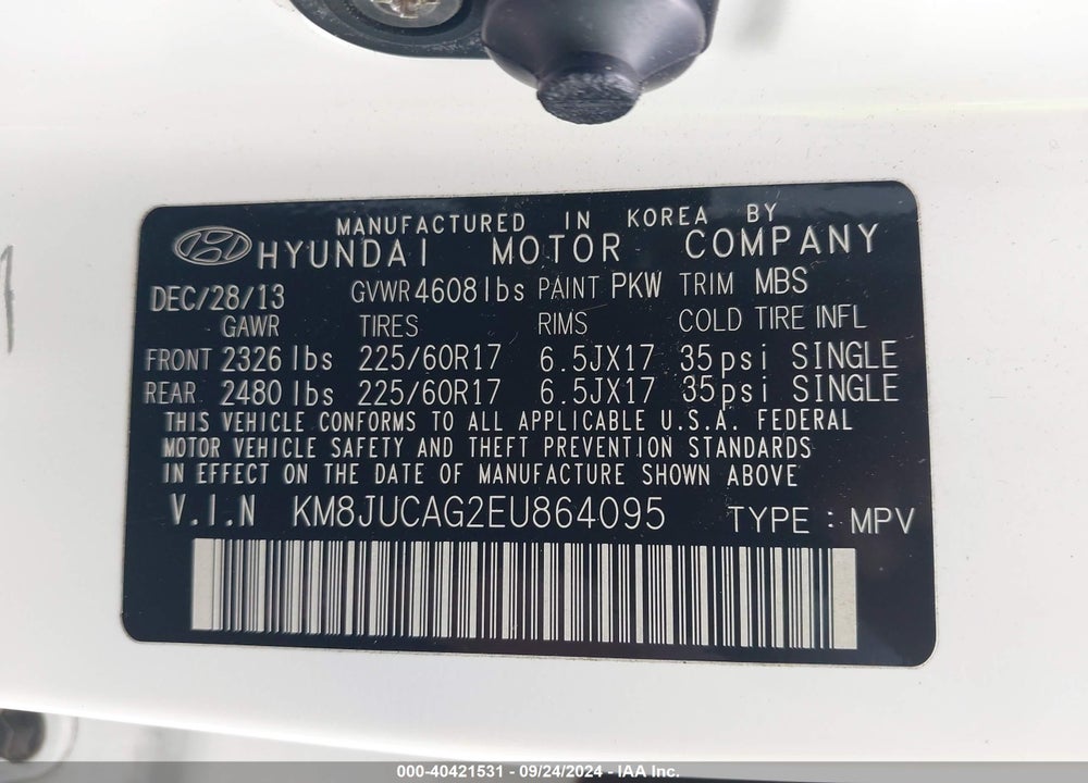 2014 HYUNDAI TUCSON SE VIN: KM8JUCAG2EU864095