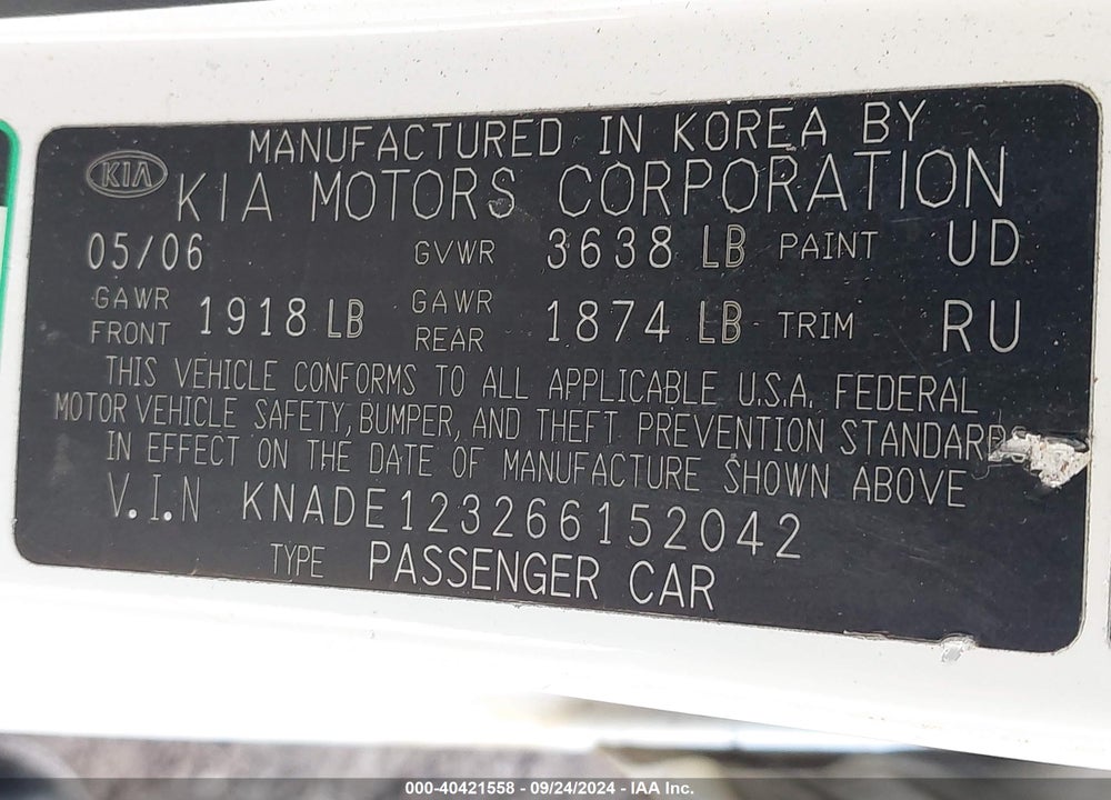 2006 KIA RIO VIN: KNADE123266152042
