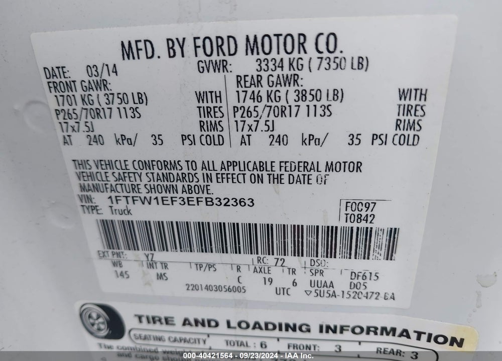 2014 FORD F-150 XLT VIN: 1FTFW1EF3EFB32363