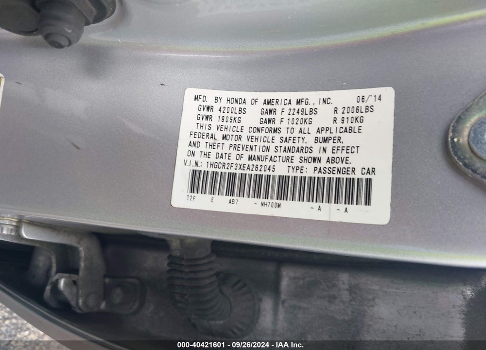 2014 HONDA ACCORD LX VIN: 1HGCR2F3XEA262045