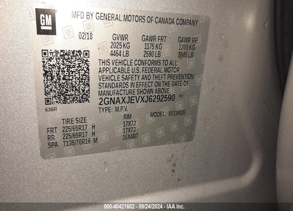 2018 CHEVROLET EQUINOX LT VIN: 2GNAXJEVXJ6292590