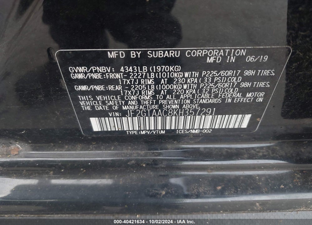 2019 SUBARU CROSSTREK 2.0I VIN: JF2GTAAC8KH357291