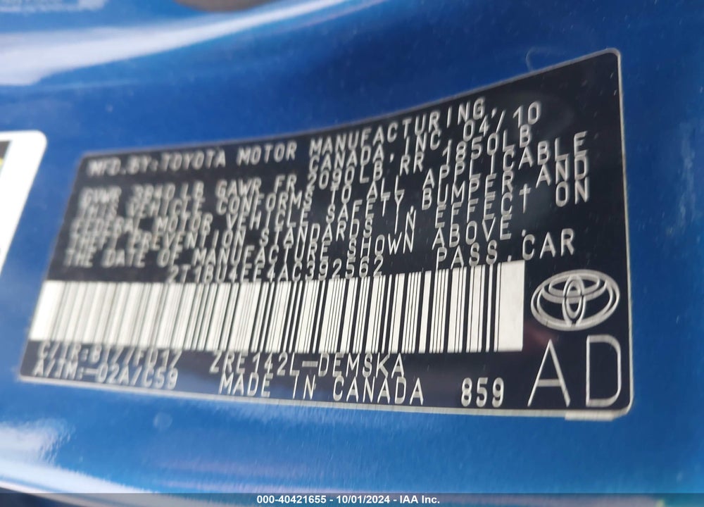 2010 TOYOTA COROLLA S VIN: 2T1BU4EE4AC392562