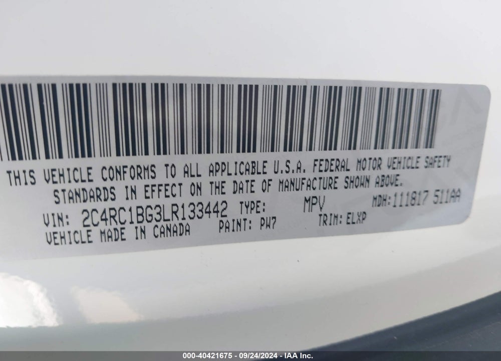 2020 CHRYSLER PACIFICA TOURING L VIN: 2C4RC1BG3LR133442
