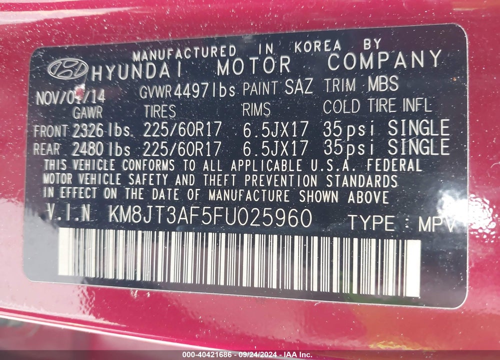2015 HYUNDAI TUCSON GLS VIN: KM8JT3AF5FU025960