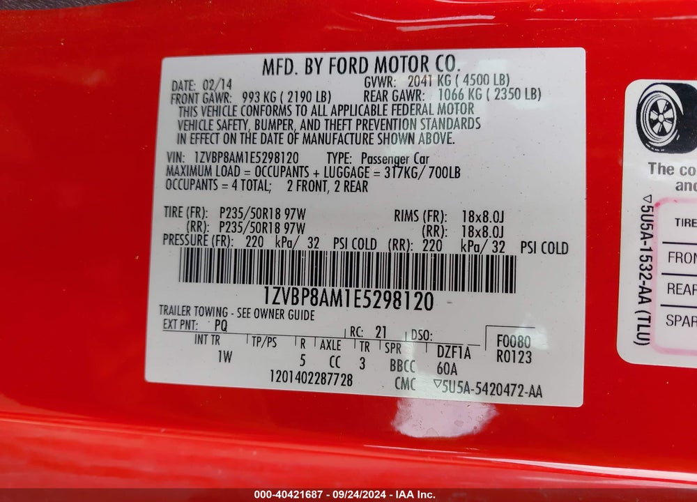 2014 FORD MUSTANG V6 VIN: 1ZVBP8AM1E5298120