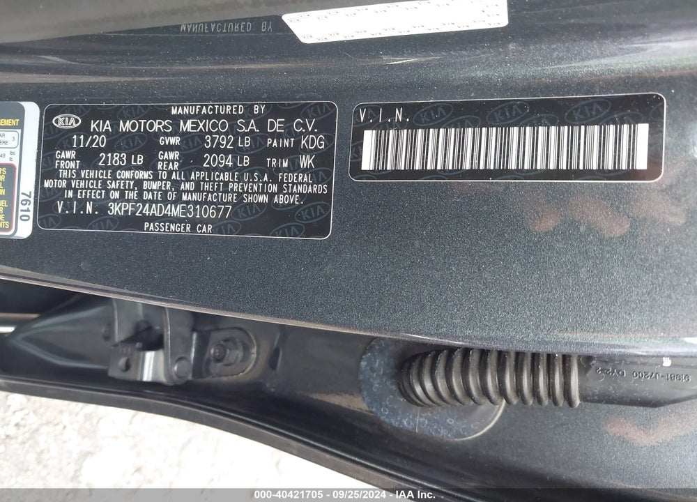 2021 KIA FORTE LXS VIN: 3KPF24AD4ME310677