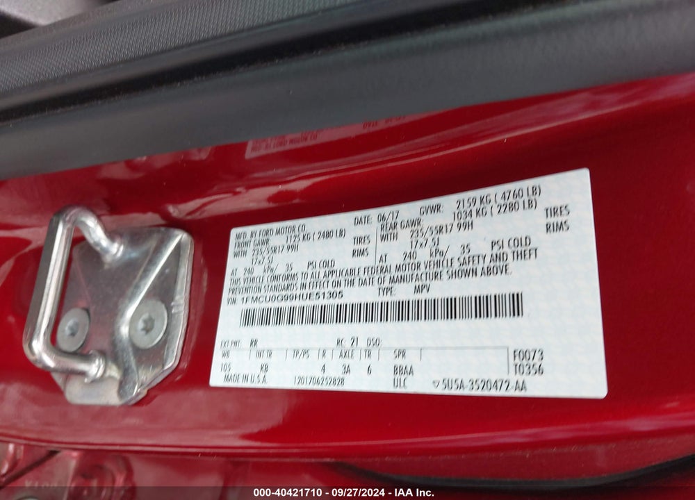 2017 FORD ESCAPE SE VIN: 1FMCU0G99HUE51305