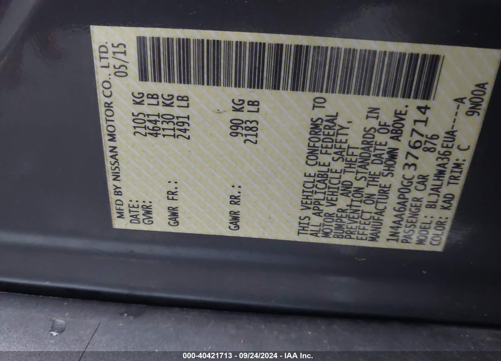 2016 NISSAN MAXIMA 3.5 PLATINUM VIN: 1N4AA6AP0GC376714
