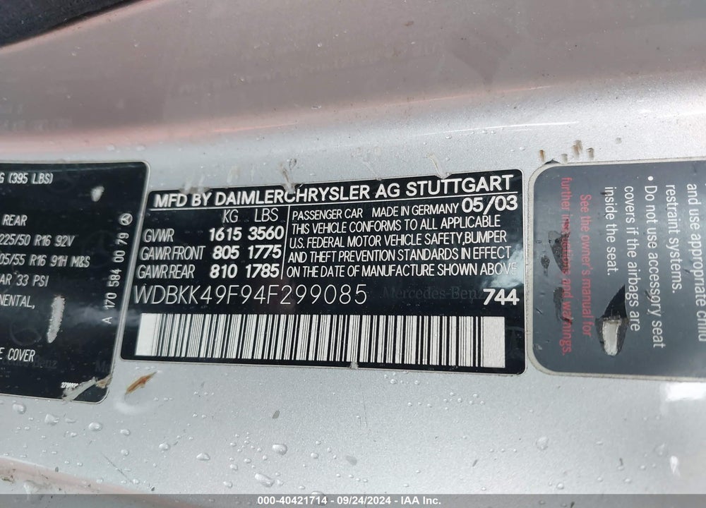 2004 MERCEDES-BENZ SLK 230 KOMPRESSOR VIN: WDBKK49F94F299085
