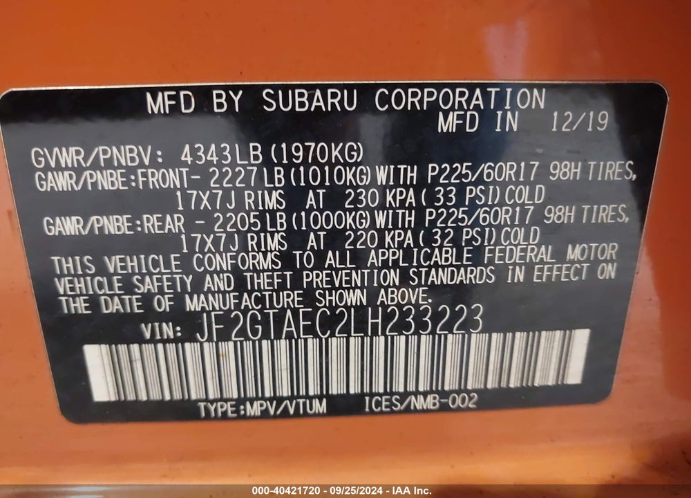 2020 SUBARU CROSSTREK PREMIUM VIN: JF2GTAEC2LH233223