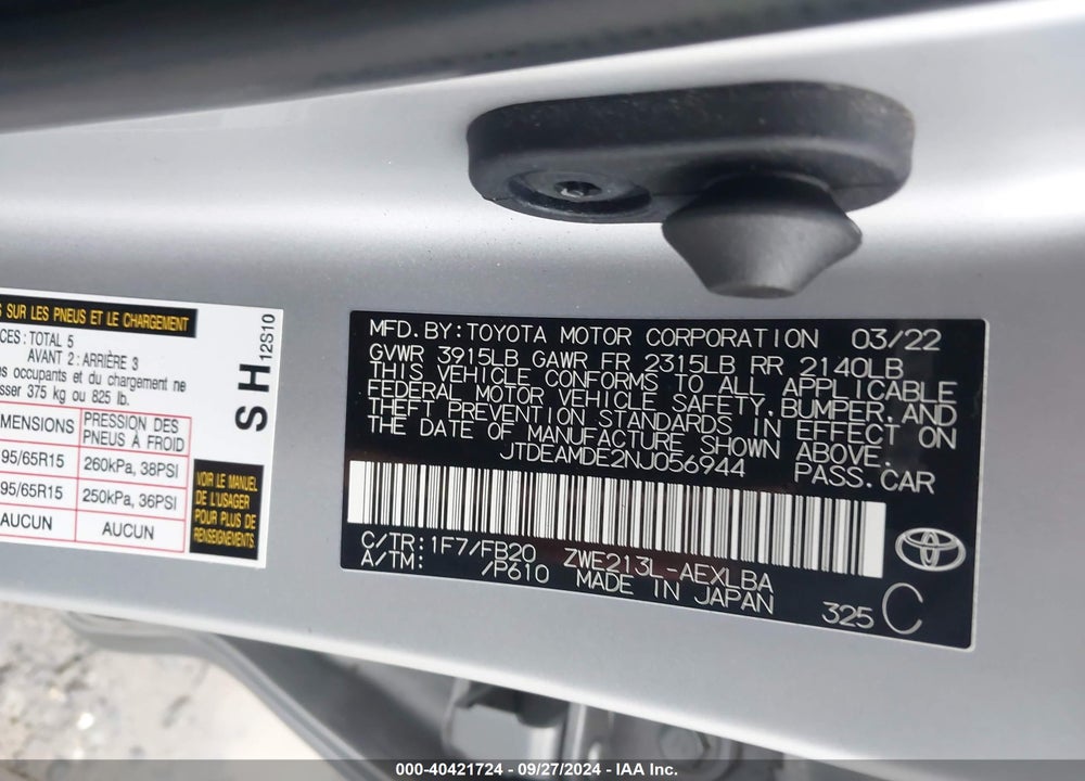 2022 TOYOTA COROLLA VIN: JTDEAMDE2NJ056944