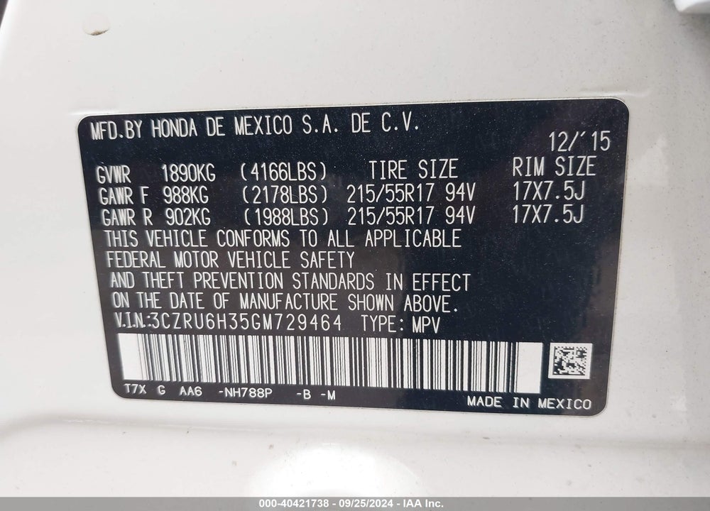 2016 HONDA HR-V LX VIN: 3CZRU6H35GM729464