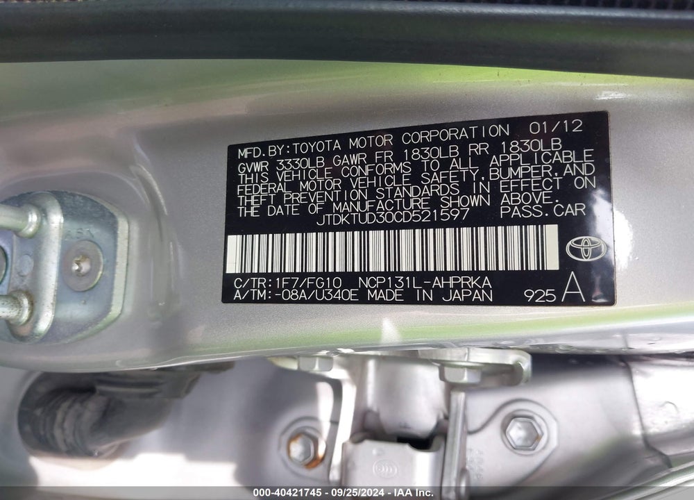 2012 TOYOTA YARIS LE VIN: JTDKTUD30CD521597