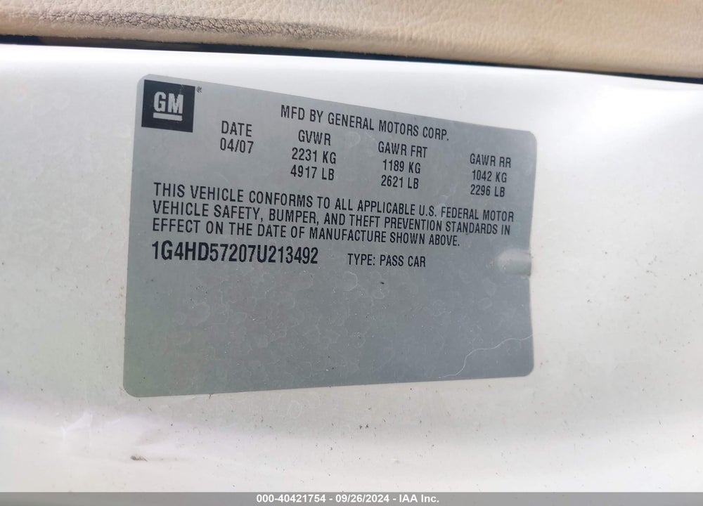 2007 BUICK LUCERNE CXL VIN: 1G4HD57207U213492