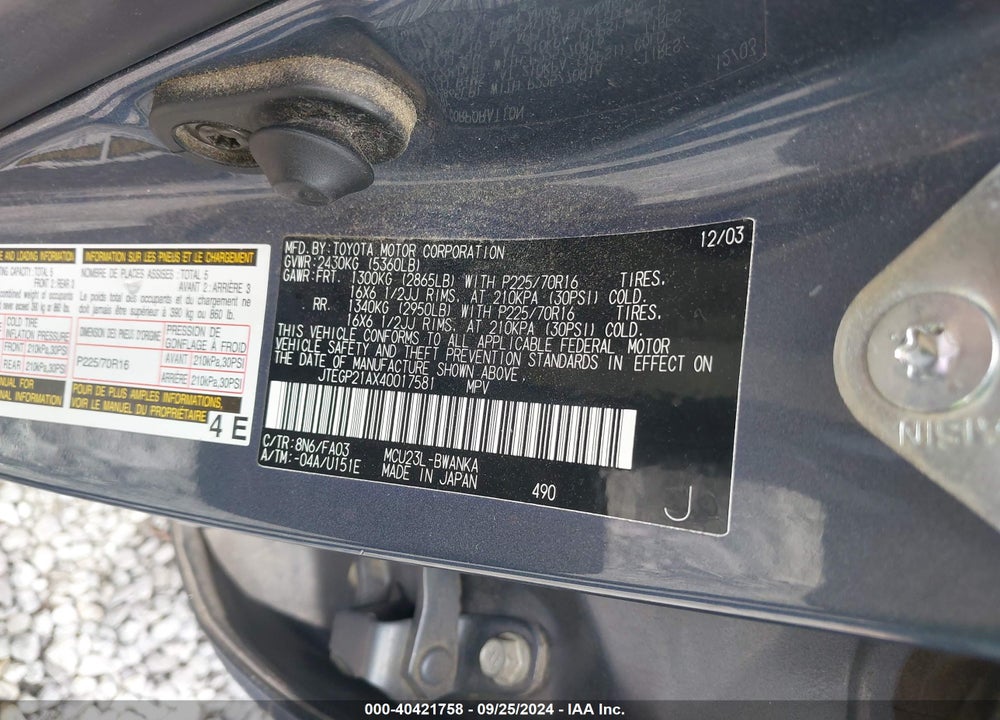 2004 TOYOTA HIGHLANDER V6 VIN: JTEGP21AX40017581