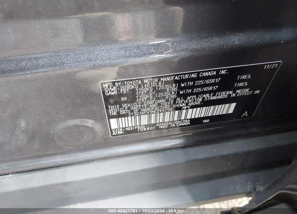 2021 TOYOTA RAV4 LE VIN: 2T3G1RFV1MC244259