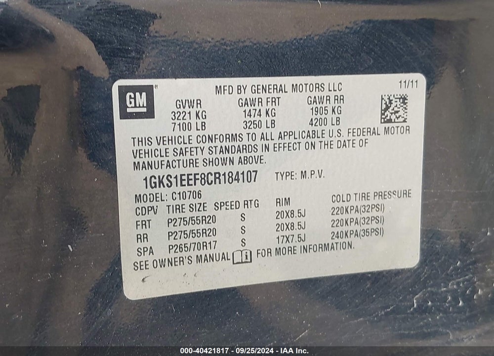 2012 GMC YUKON DENALI VIN: 1GKS1EEF8CR184107