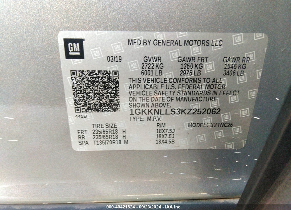2019 GMC ACADIA SLE-2 VIN: 1GKKNLLS3KZ252062