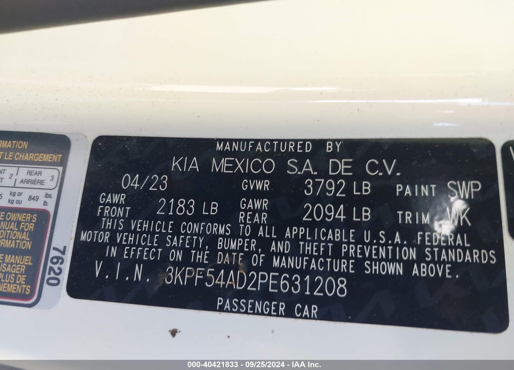 2023 KIA FORTE VIN: 3KPF54AD2PE631208