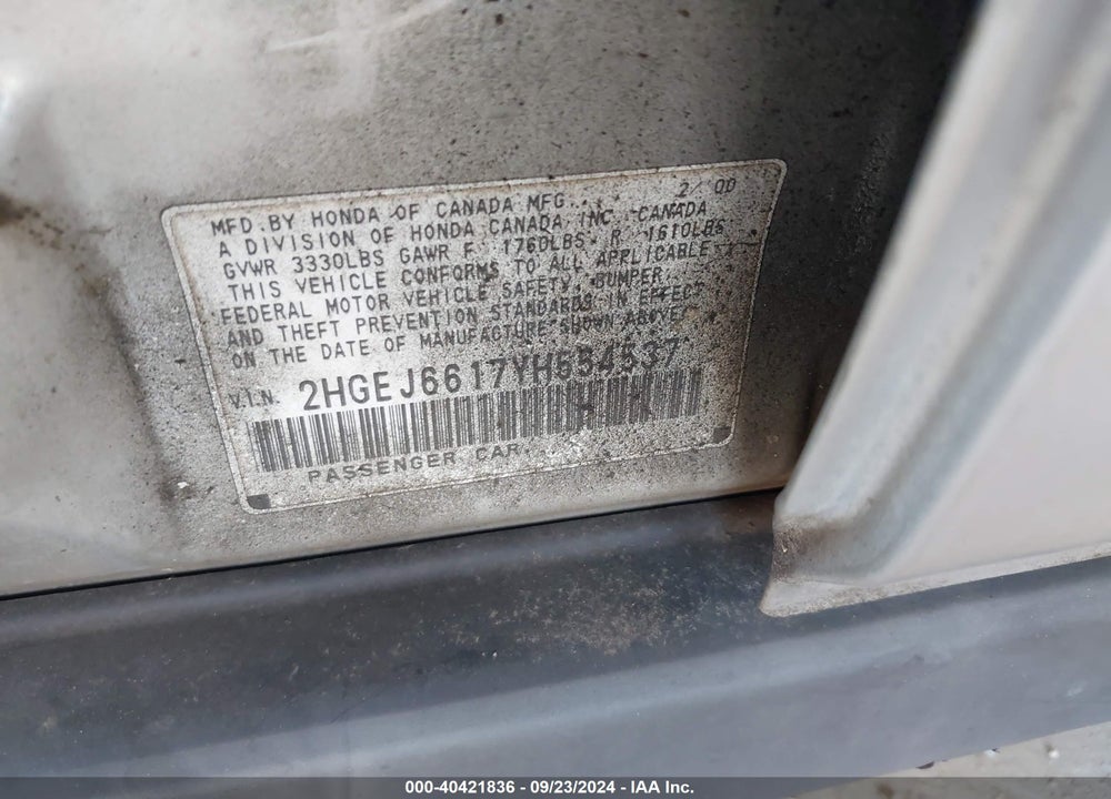 2000 HONDA CIVIC VALUE PACKAGE VIN: 2HGEJ6617YH554537