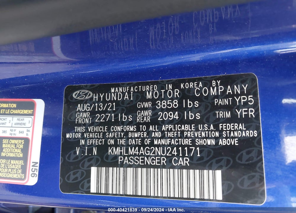 2022 HYUNDAI ELANTRA SEL VIN: KMHLM4AG2NU241171