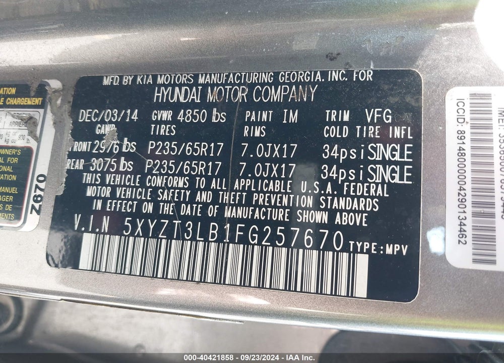2015 HYUNDAI SANTA FE SPORT 2.4L VIN: 5XYZT3LB1FG257670