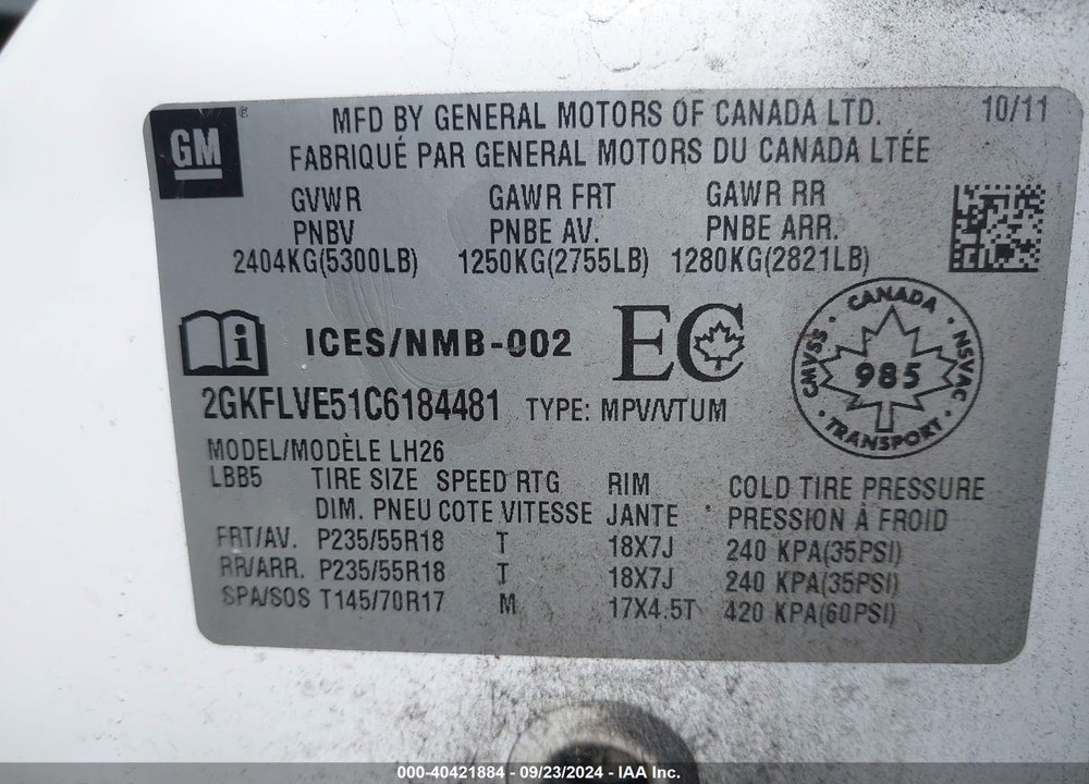 2012 GMC TERRAIN SLT-1 VIN: 2GKFLVE51C6184481