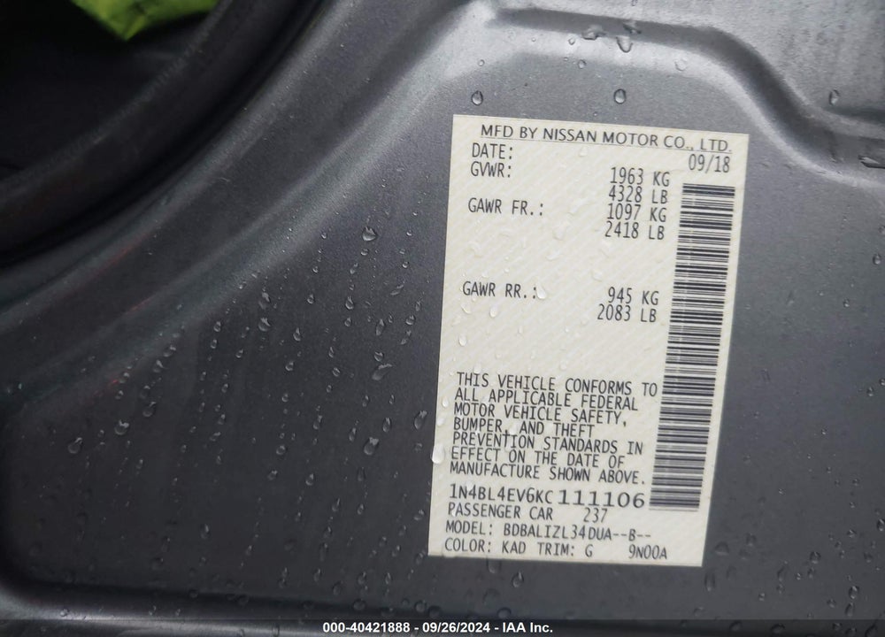 2019 NISSAN ALTIMA 2.5 SL VIN: 1N4BL4EV6KC111106