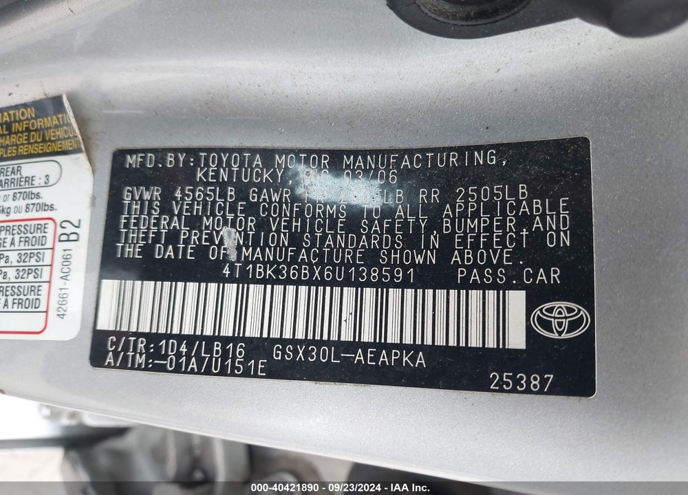 2006 TOYOTA AVALON VIN: 4T1BK36BX6U138591