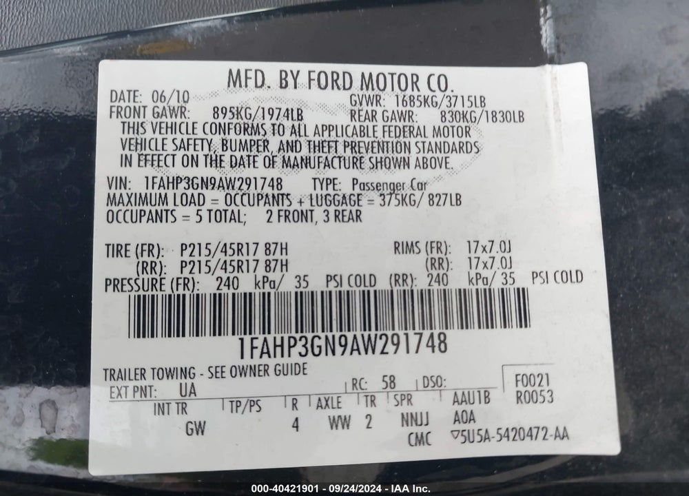 2010 FORD FOCUS SES VIN: 1FAHP3GN9AW291748