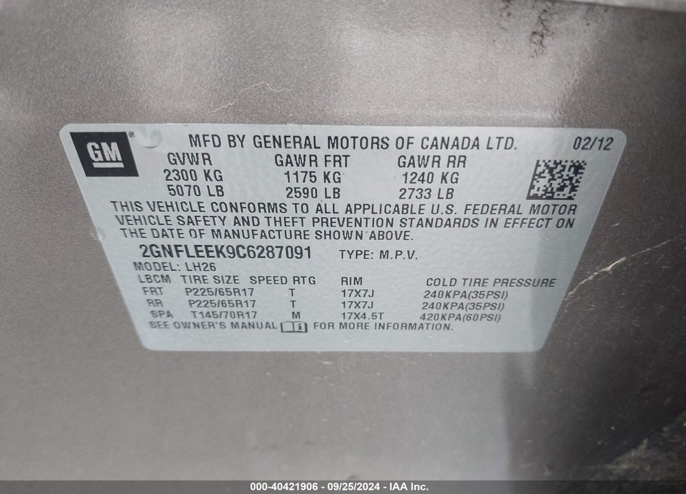 2012 CHEVROLET EQUINOX 1LT VIN: 2GNFLEEK9C6287091