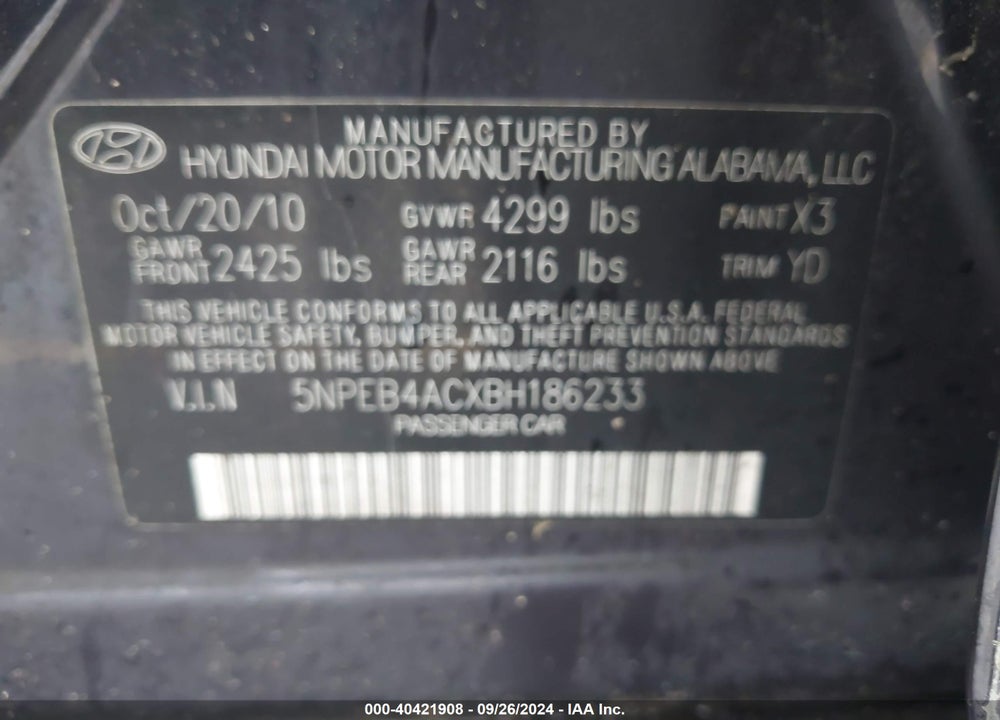 2011 HYUNDAI SONATA GLS VIN: 5NPEB4ACXBH186233