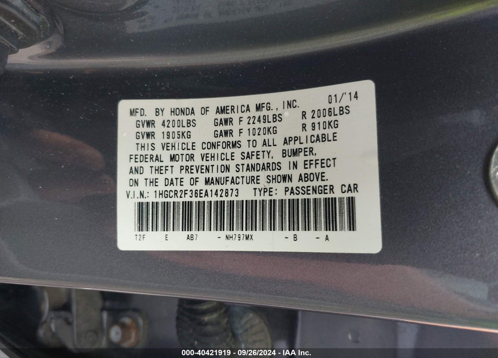 2014 HONDA ACCORD LX VIN: 1HGCR2F36EA142873