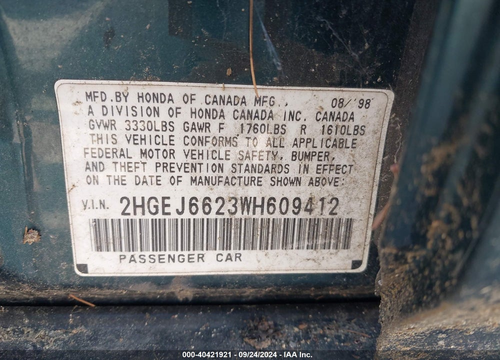 1998 HONDA CIVIC DX VIN: 2HGEJ6623WH609412