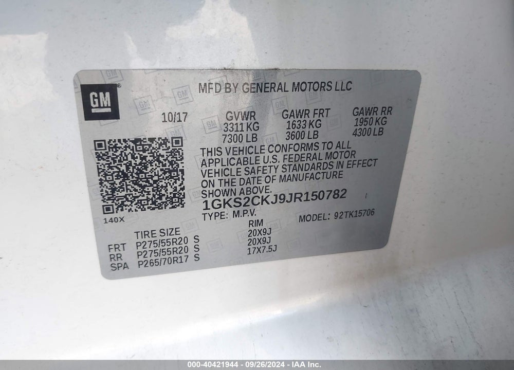 2018 GMC YUKON DENALI VIN: 1GKS2CKJ9JR150782