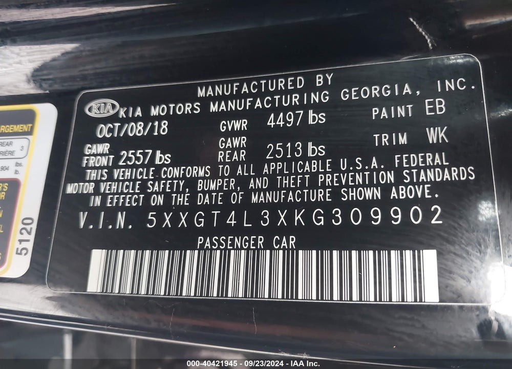 2019 KIA OPTIMA LX VIN: 5XXGT4L3XKG309902
